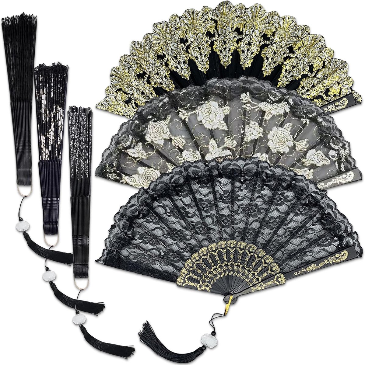 Lace handfan set - 3 stuks zwart - vintage vouwfan - perfect voor kostuumfeest - SnelShoppen