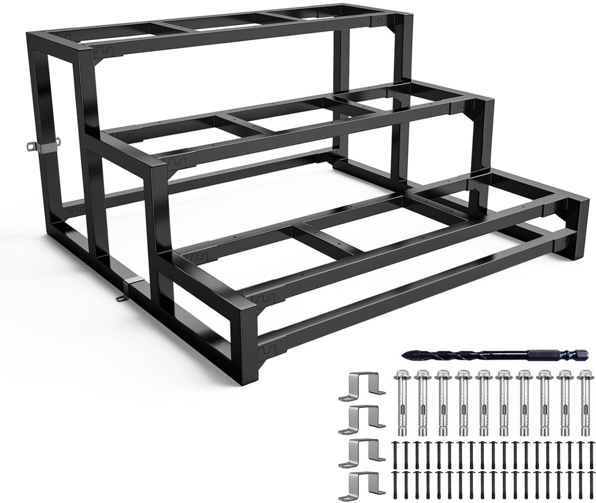 Set stalen trappen, 3 treden, metalen trapwangen voor houten opstapje, vrijstaande trapbeugels voor binnen- en - ShopVlot