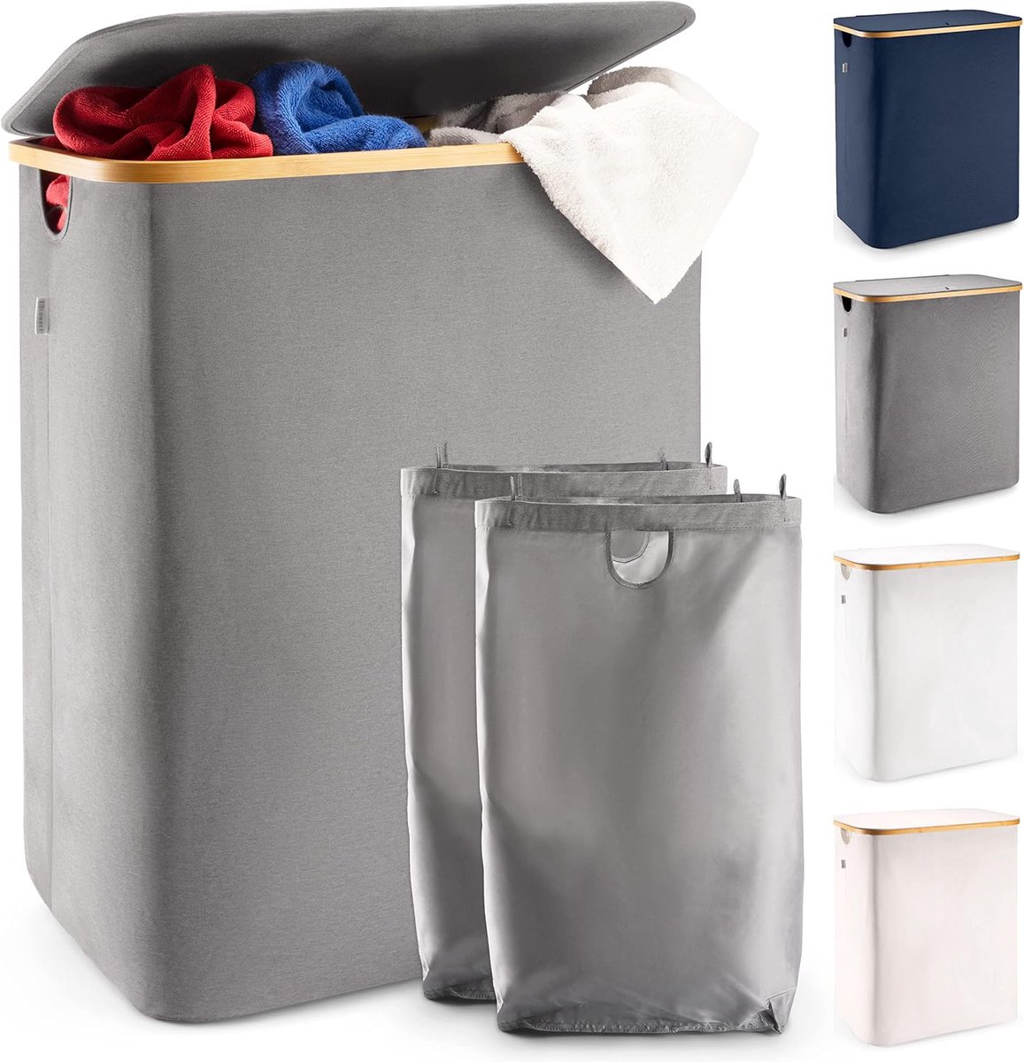 Wasmand met deksel 150L - 2 compartimenten - Bamboe en stof - Ruimtebesparend en stijlvol - SnelShoppen