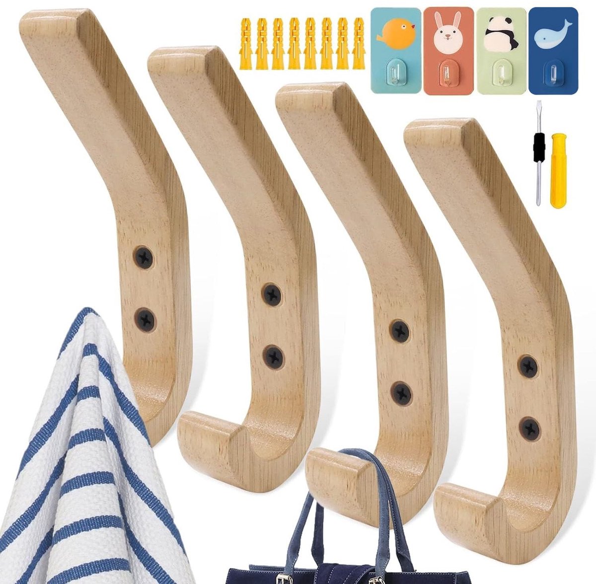 Omgoods - Set van 4 Houten Garderobehaken