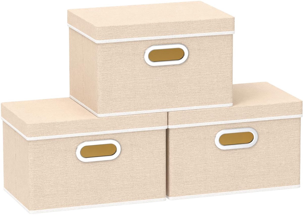 Omgoods - Vouwbare Opbergdozen met Deksel, Beige, 3-Pack, 32x23x20 cm