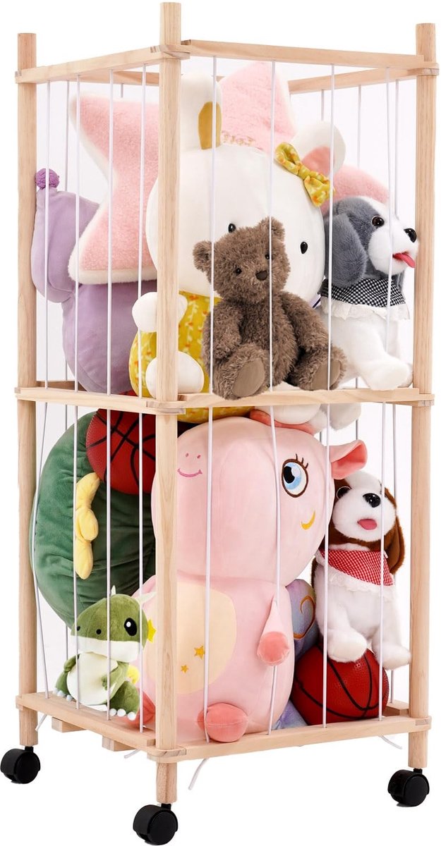 Omgoods - Houten Opbergdoos voor Knuffels met 360° Remwielen