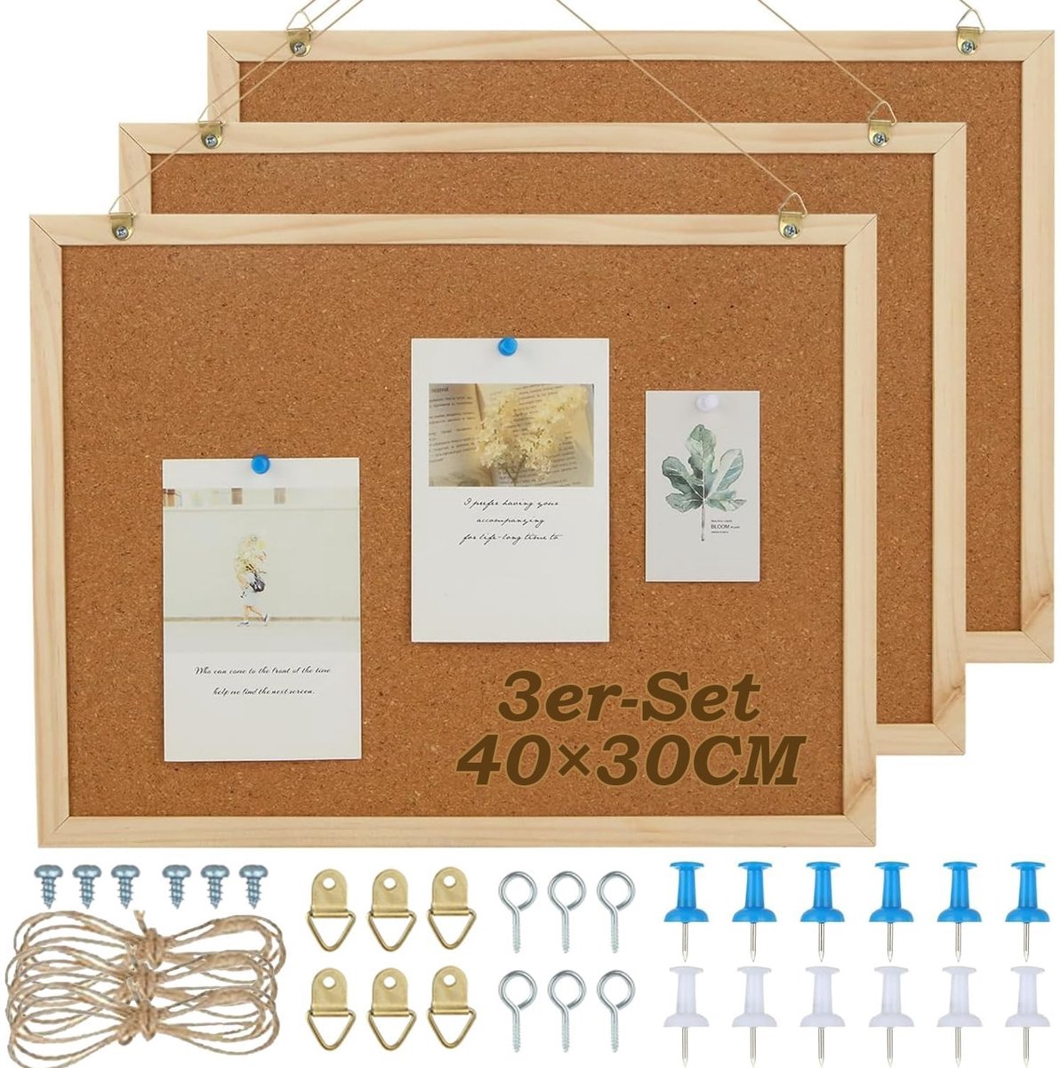 Omgoods - Set van 3 Bulletin Bord Kurk met Houten Frame - Wandplank voor Thuis, Kantoor en School