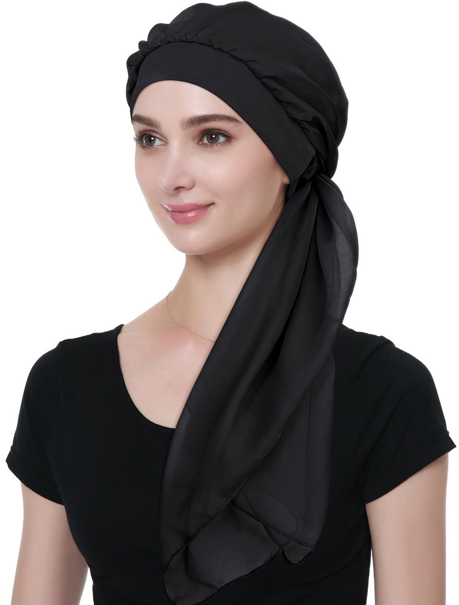 Omgoods - Lange Chiffon Sjaal voor Vrouwen, Chemo Hoed in Zwart