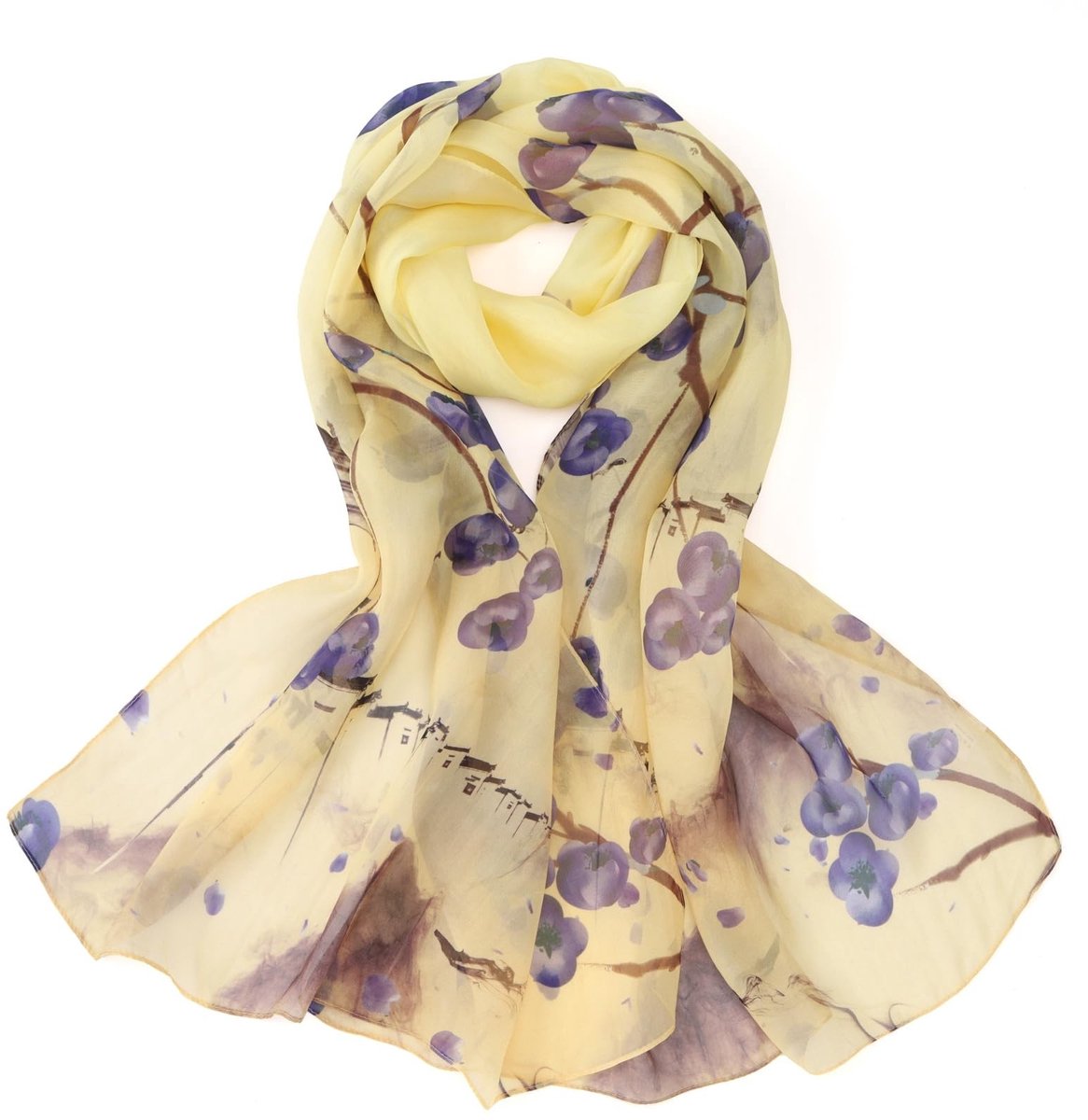 Omgoods - Lange Zijde Chiffon Sjaal met Bloemenprint