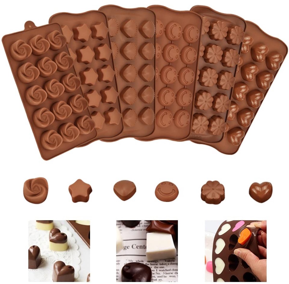 Omgoods - 6 Stuks Siliconen Chocolade Mallen - Hartvormige en Bloemvormige Mallen