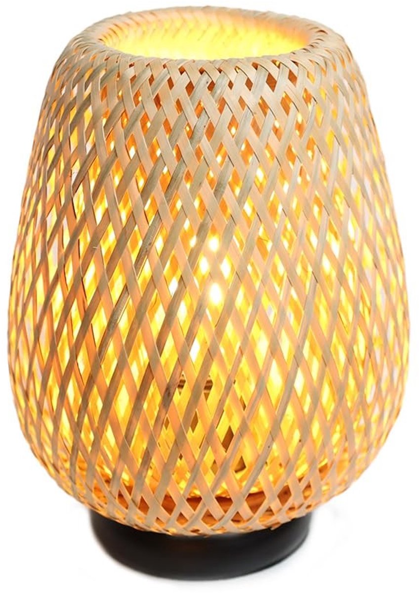 Omgoods- Tafellamp Handgemaakt - Lampenkap Wilgentenen/Bamboe - Zwart Aluminium Sokkel - E27 Fitting - Ideaal voor Woonkamer/Slaapkamer - Lamp