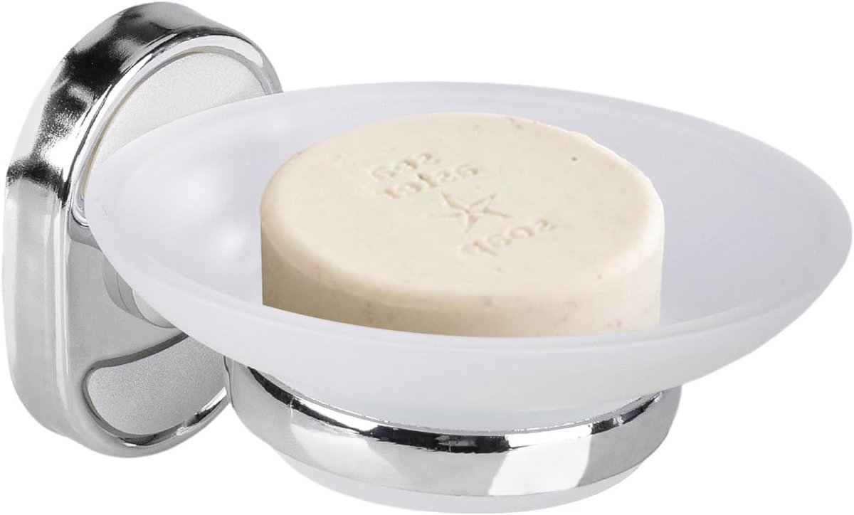 ImpoYu Satin Glass Soap Dish Chrome Stainless Steel Diameter 10.5 cm with Wall Holder for Bathroom and Kitchen - ShopVlot