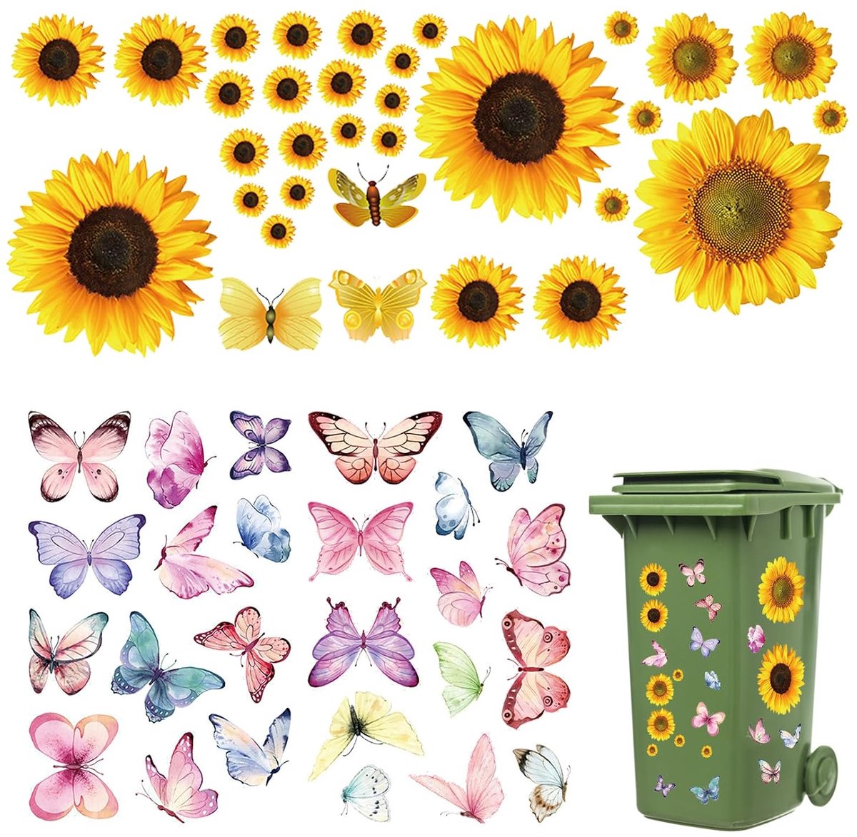 Afvalcontainer Stickers - Weerbestendig - Zonnebloemen en Vlinders - Versier je vuilnisbakken - SnelShoppen