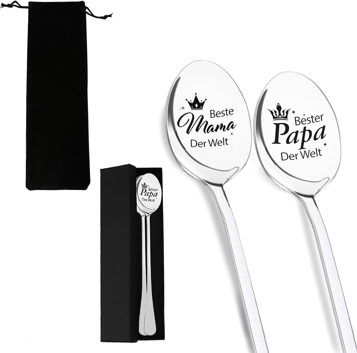 SnelShoppen - 2 Stuks Theelepels met Gravure, Koffielepels met Beste Mama en Papa der Wereld, Duurzaam Roestvrij Staal, Cadeau voor Mama en Papa