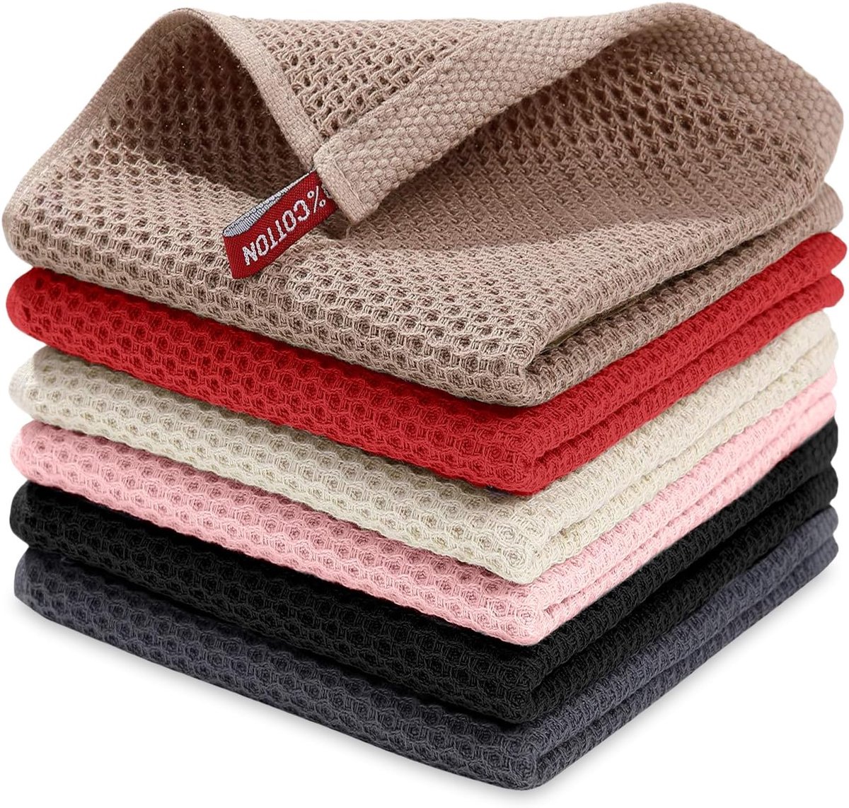 SnelShoppen - Keuken Handdoeken Wafel Handdoek Set - Zwart*1 Lichtroze*1 Felrood*1 Donkergrijs*1 Beige*1 Lichtbruin*1 30x30 cm 6-delig Keukenaccessoir