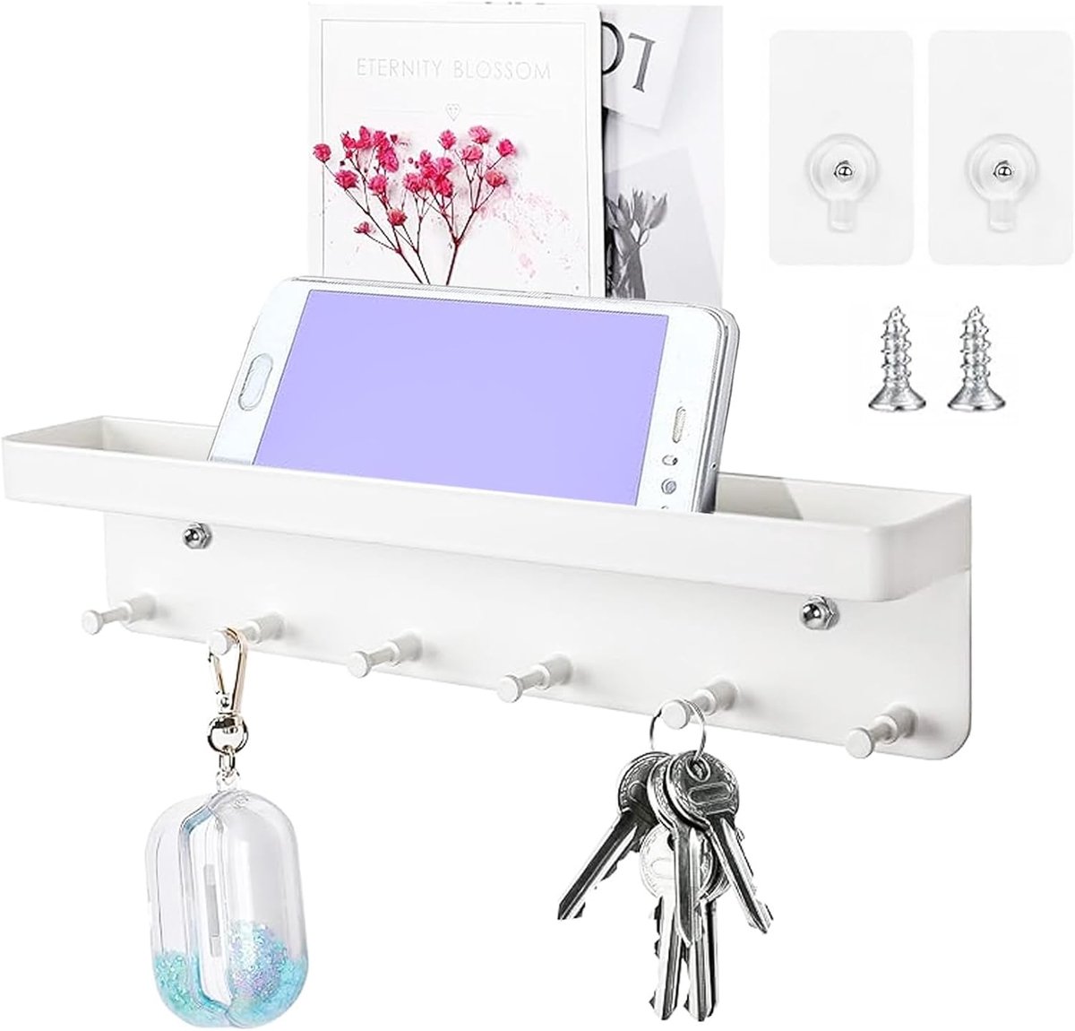 SnelShoppen - Sleutelrek met Plank, Witte Sleutelhanger, Sleutelbord met 6 Haakjes, Rvs Sleutelhanger, Makkelijk Te Installeren Zonder Boren, Voor Hal