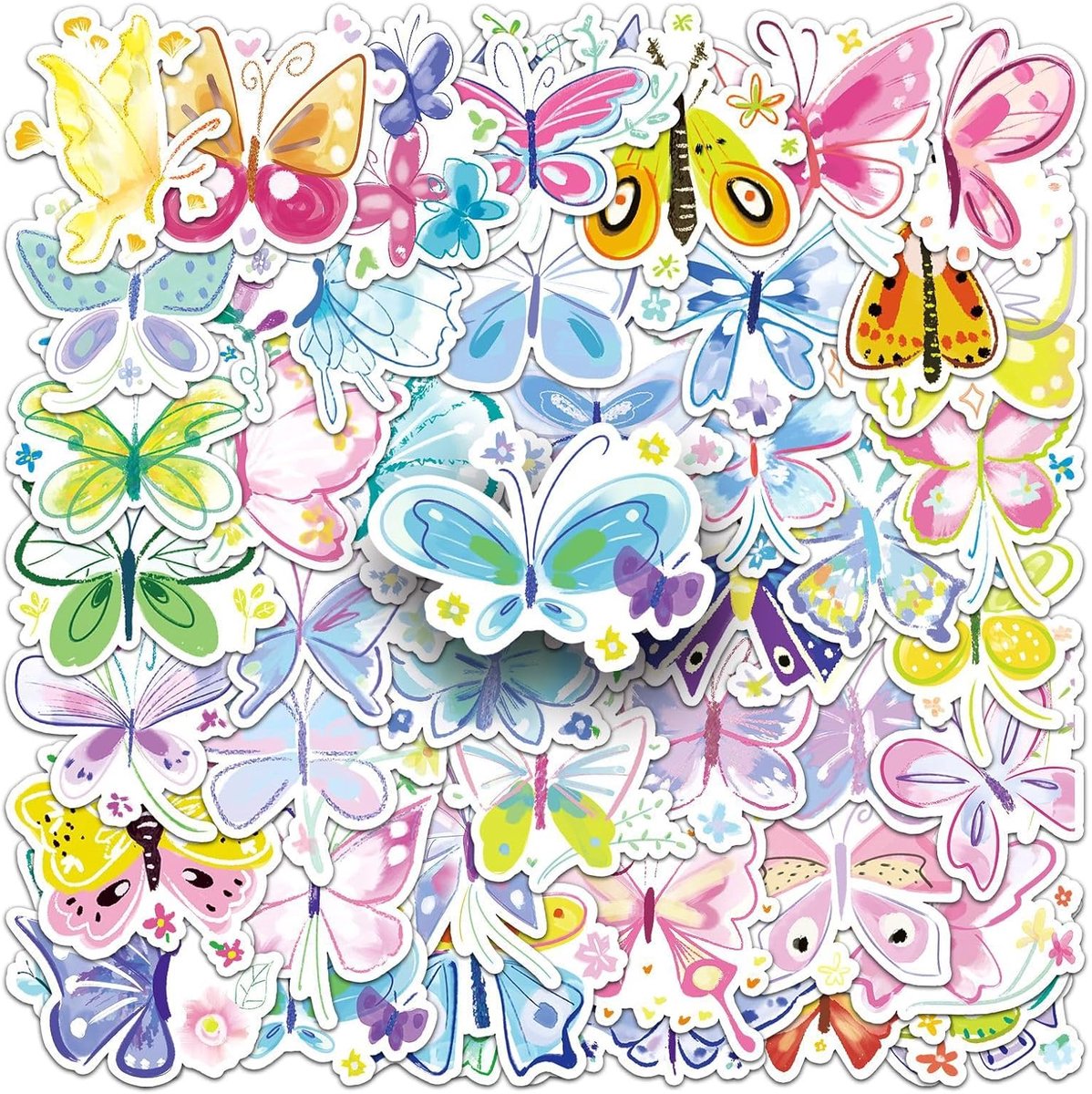 SnelShoppen - 50 stuks Waterdichte Doodle Vlinderstickers voor Kinderen, Jongeren en Volwassenen - Kleurrijke Decoratieve Stickers voor Waterfles, Alb