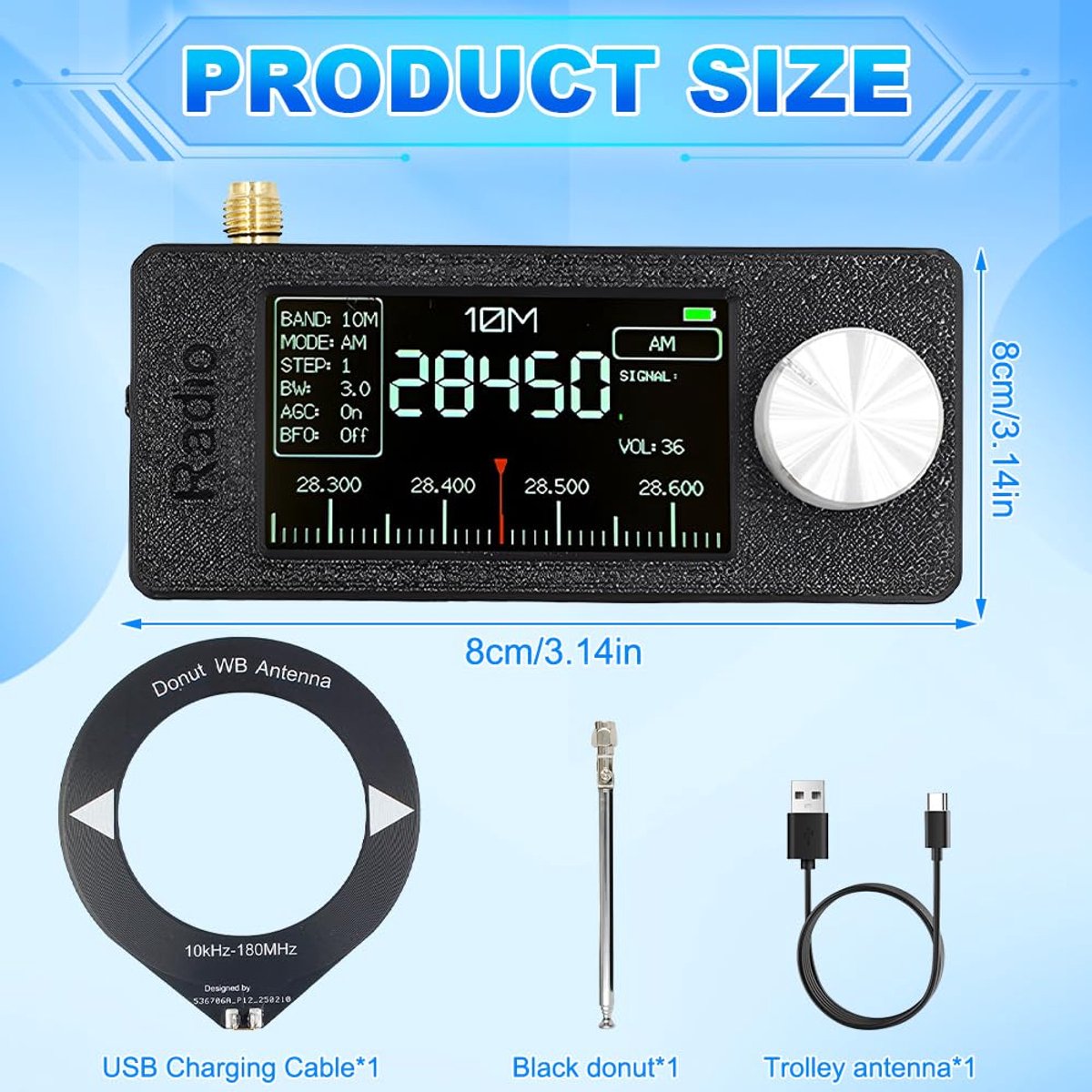 SnelShoppen - Si4732 Mini Radio Draagbare Full Band Ontvanger 0,5-108 MHz met ESP 32-S3 Bediening, 800 mAh Accu, 1,9 Inch IPS-Scherm en Telescopische