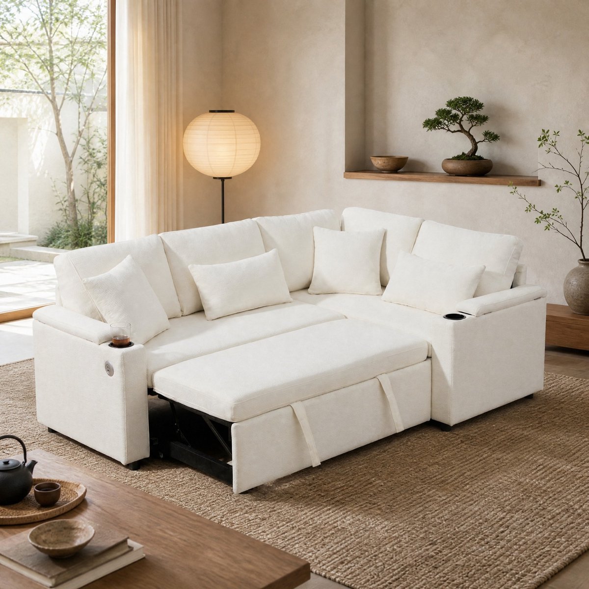 MODENUIT Hoekbank 206,5 x 141 cm - Uitschuifbare Slaapfunctie en Opbergruimte - Woonkamer - Chenille Beige
