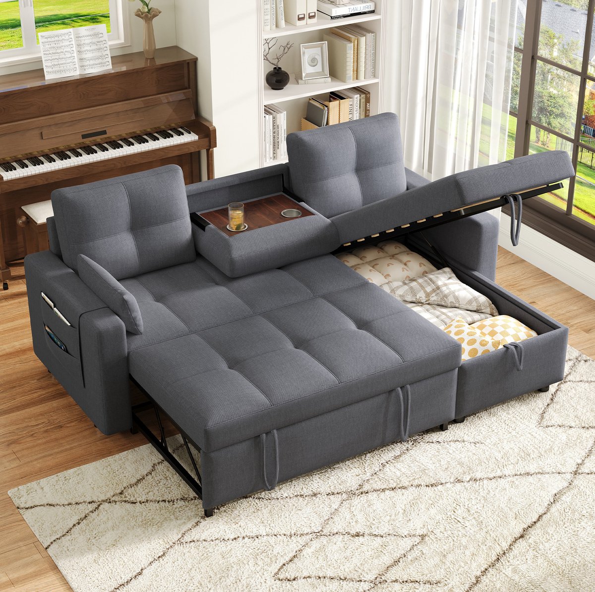 MODENUIT Hoekbank 211 x 136 x 87 cm - Slaapfunctie met Opbergruimte - Woonkamer - Linnen Grijs