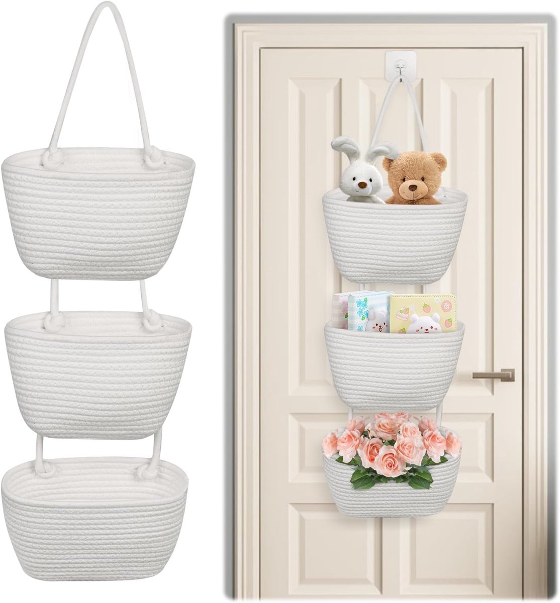 SnelShoppen - Deur Hangmand 3 Dieren Gevlochten Katoenen Touw Wand Bevestigde Opbergbak Decoratie (Wit) - Opberging voor Keuken, Badkamer, Kinderkamer
