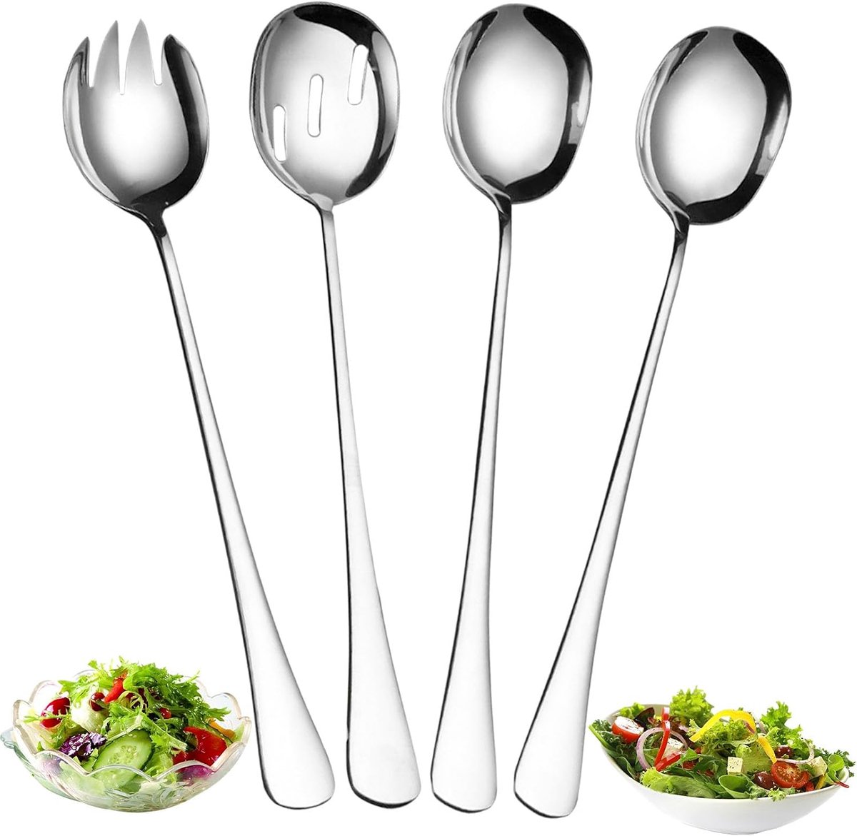 SnelShoppen - 4-delige Set Serveerlepels en Salade Vork van RVS - Tafellepels voor Feest, Thuis, Restaurant, Hotel - Zilver 11 x 2,1 inch