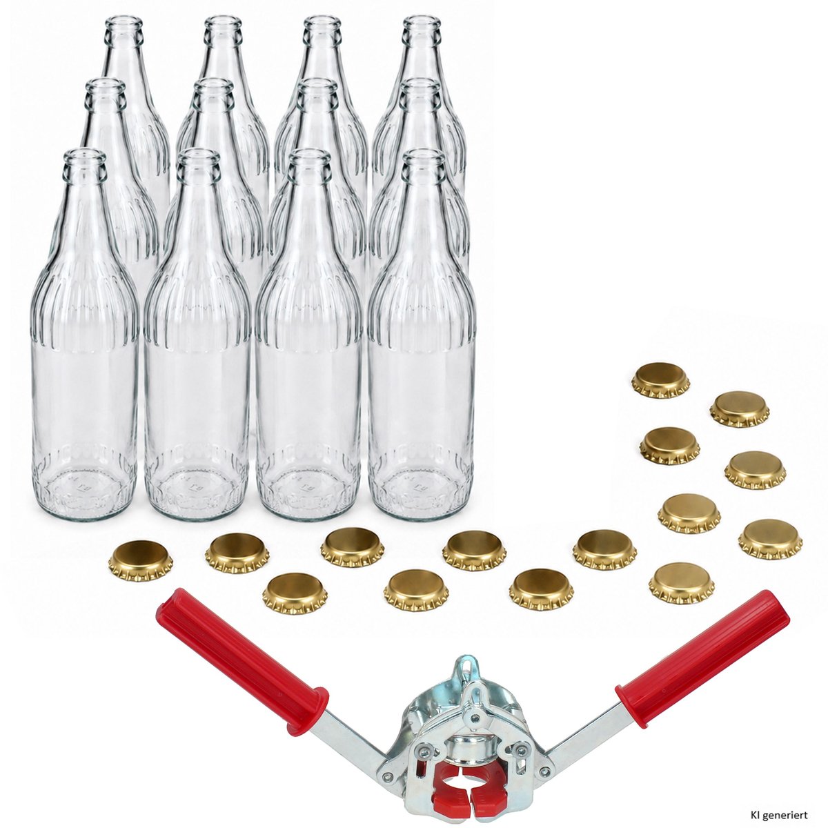 Set van 12 LINEA-flessen van 0,33 l, transparant, met 15 gouden kroonkurken en kroonkurk-sluitingen – 12x 24915, 15x 24064 & 21984