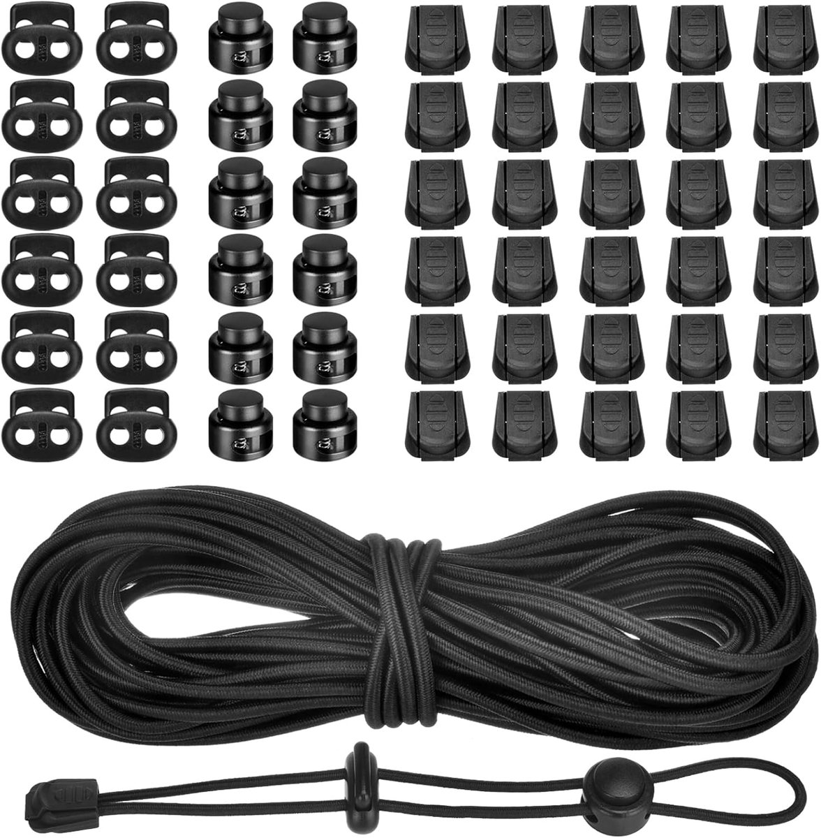SnelShoppen - 10m Elastisch Rubber Koord Zeilkoord met 30 Ritsen, 24 Stuks Dubbel Gat Veer Expansiekabel 3mm voor Rugzak, Koffer, Schoenveters