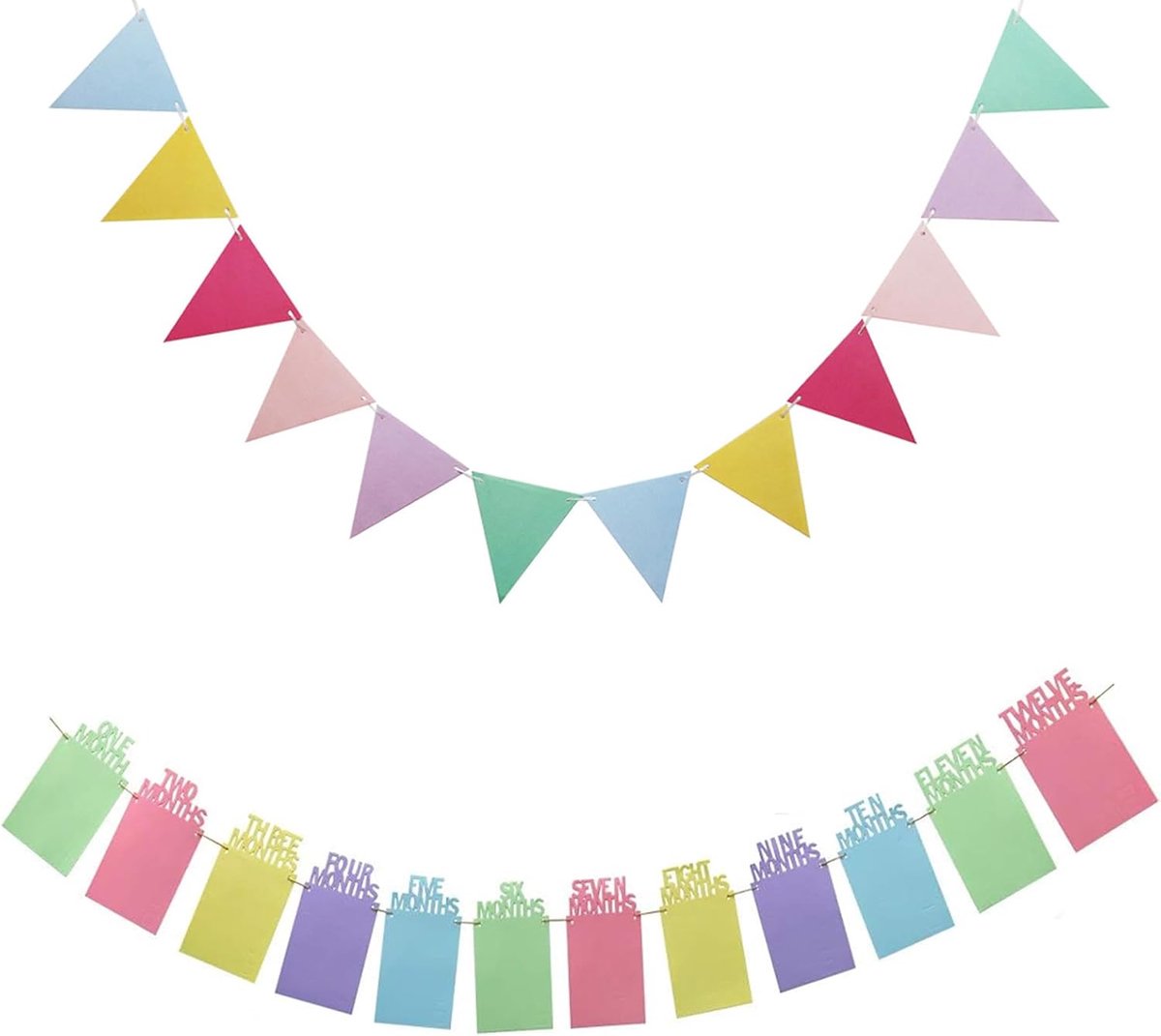 SnelShoppen - Eerste Verjaardag Foto Banner Baby Mijlpaal Slingers, Kraft Kaarten voor Maandfoto’s, 12 Stuks, 3 Meter Touw, Macaroon Kleur, Feestdecor