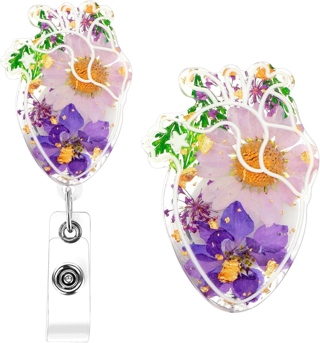 Andibro Heart Shaped Retractable Badge Reel with Crocodile Clip, Dried Flower Cute Resin ID Card Holder with Crocodile - ShopVlot
