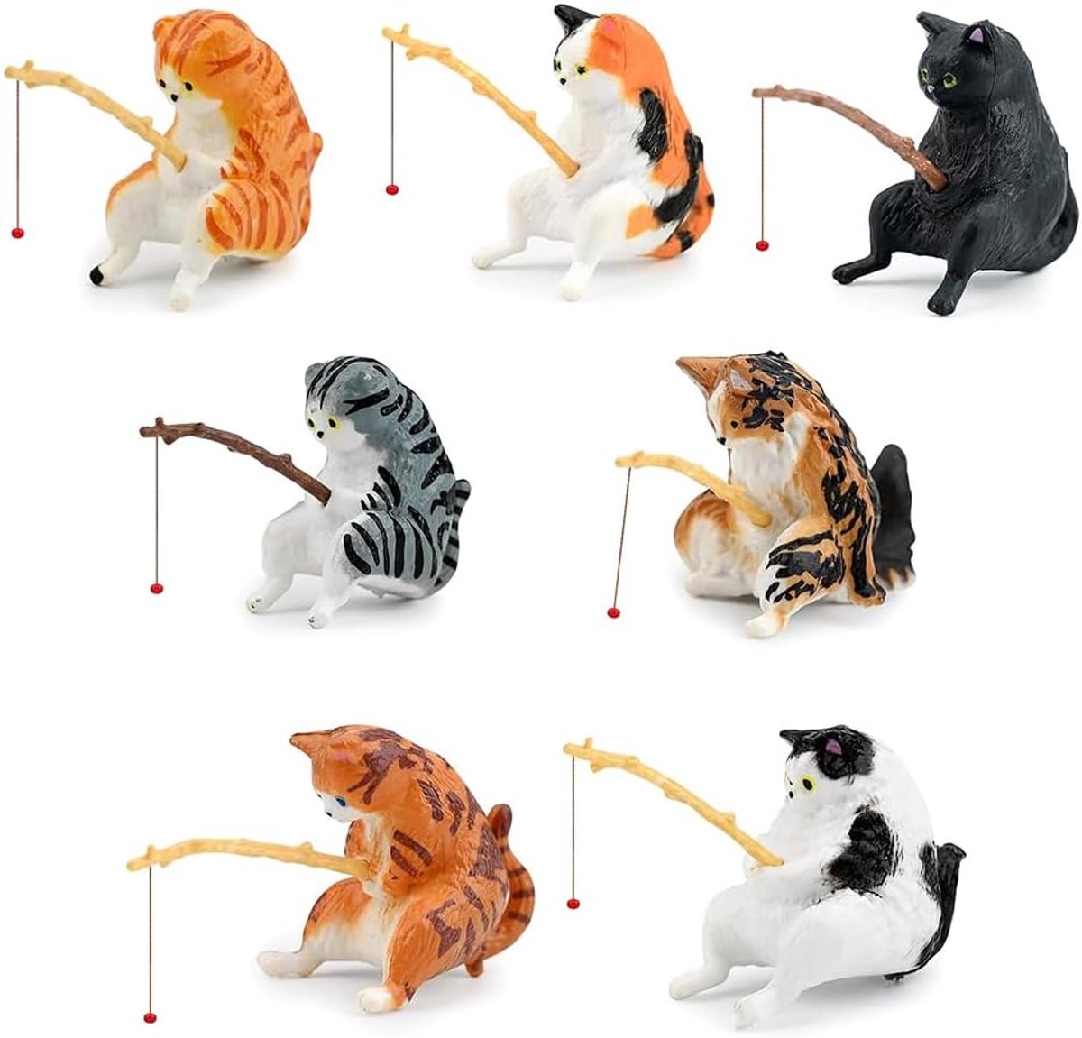 SnelShoppen - Set van 7 Japanse Vissende Katten Miniatuur Figuren met Vistrap voor Aquarium Decoratie, Mini Vijver Decoratie, Speelgoed voor Tuin, Bal