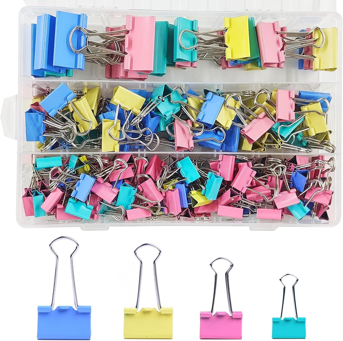 SnelShoppen - 170 Stuks Vouwklemmen Set - 15mm/19mm/25mm/32mm Kantoorclips - Kleurrijke Multi-Functionele Document Klemmen - Metaal Paperclips voor Sc