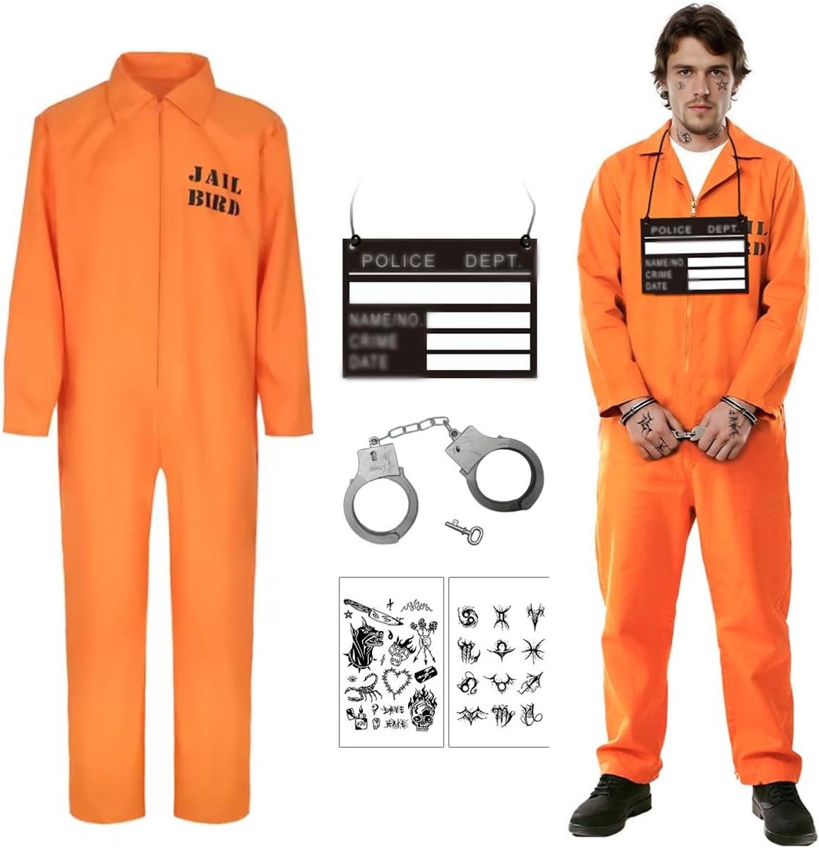 Oranje gevangeniskostuum voor mannen, ideaal voor carnaval en cosplay, maat L/XL, perfect voor themafeesten en verkleedpartijen