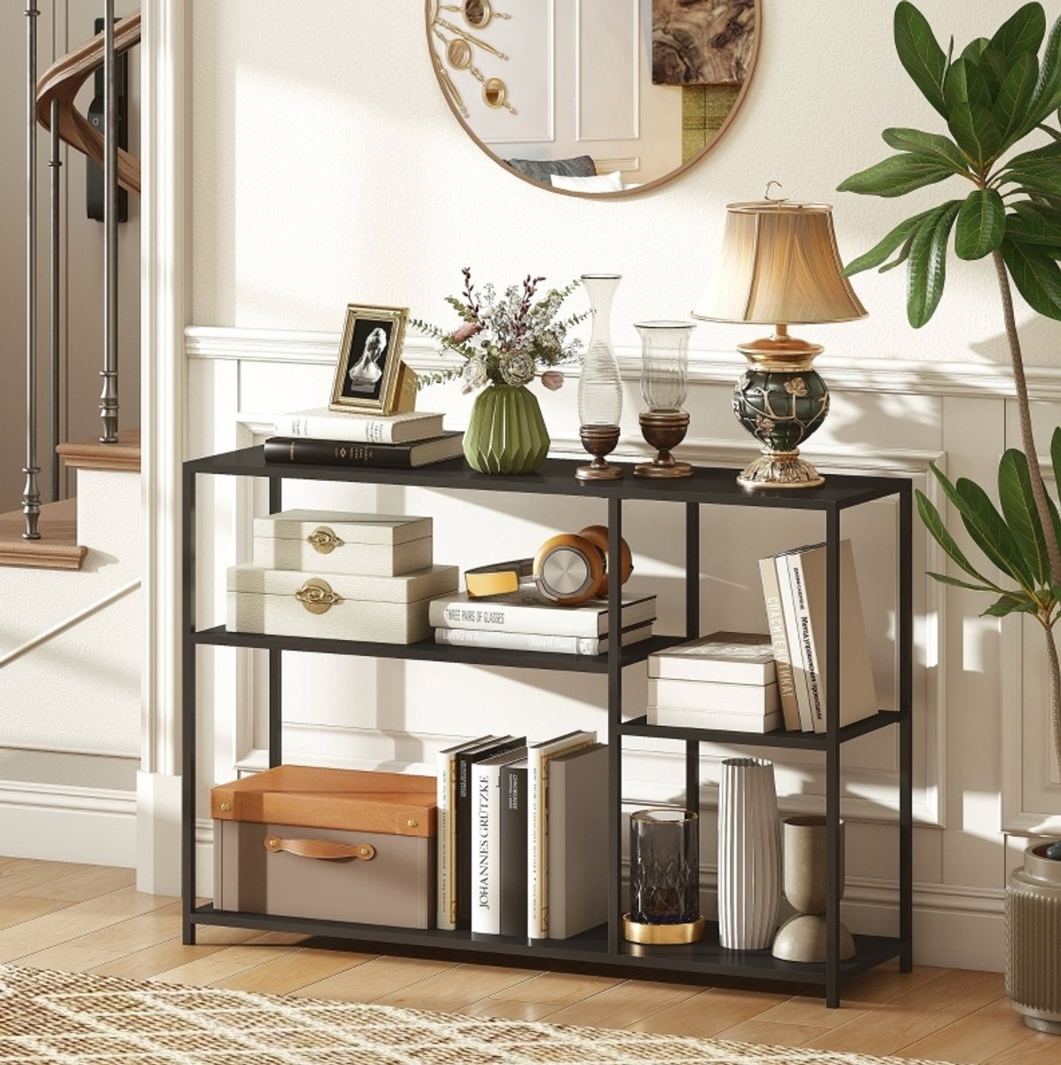 COVREO Sidetable 110x30x75 cm zwart, staal met 4 open opbergplanken