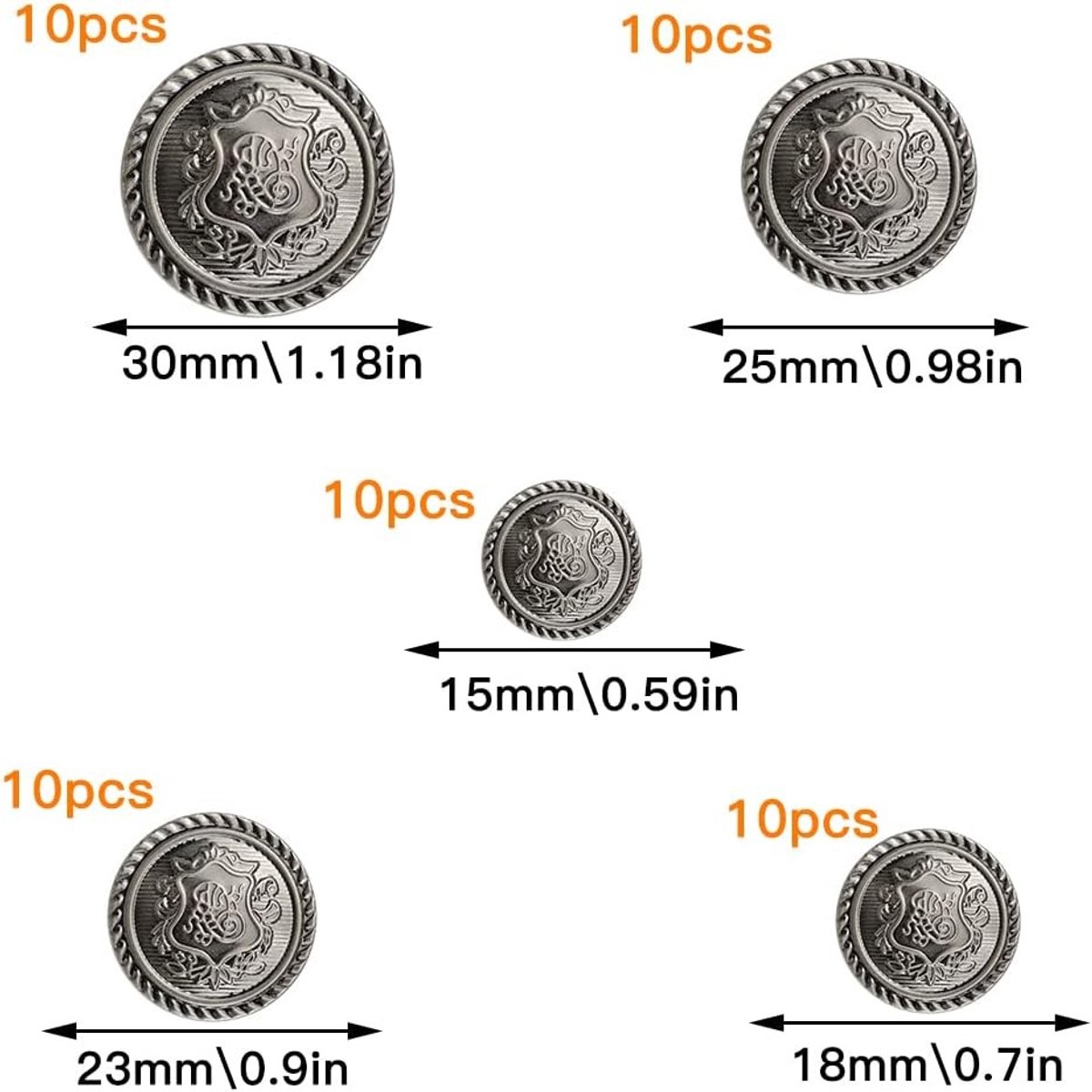 50 Stuks Metalen Knopen - Oogjes Knopen, Traditionele Antieke Knopen voor Jassen en Kostuums (15mm-30mm)