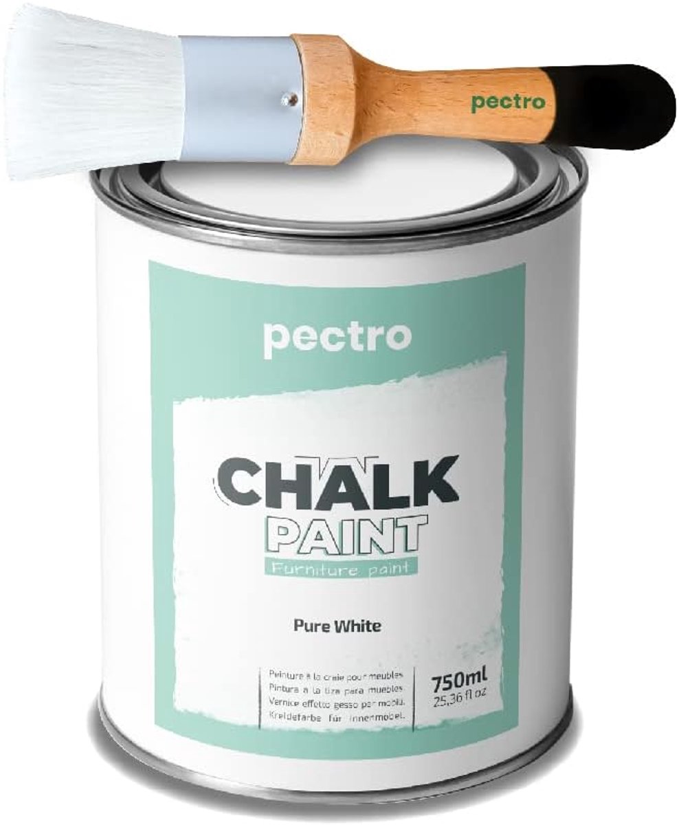 SnelShoppen - Krijtverf voor Meubels 750ml + Speciale Houtborstel Pack - Meubelverf Zonder Schuren - Houtverf Effect Krijtkleuren PUUR WIT voor Creati