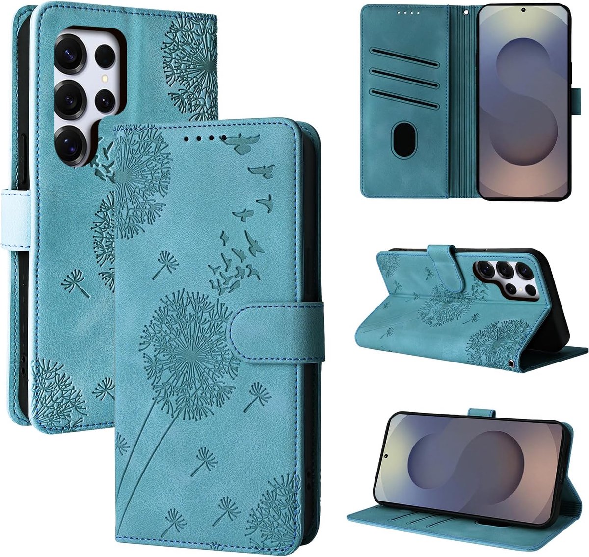Beschermhoes voor Samsung Galaxy S25 Ultra 5G, paardenbloem, beschermhoes van PU-leer, magneetsluiting, portefeuille, klaphoes voor Samsung Galaxy S25 Ultra 5G, blauw