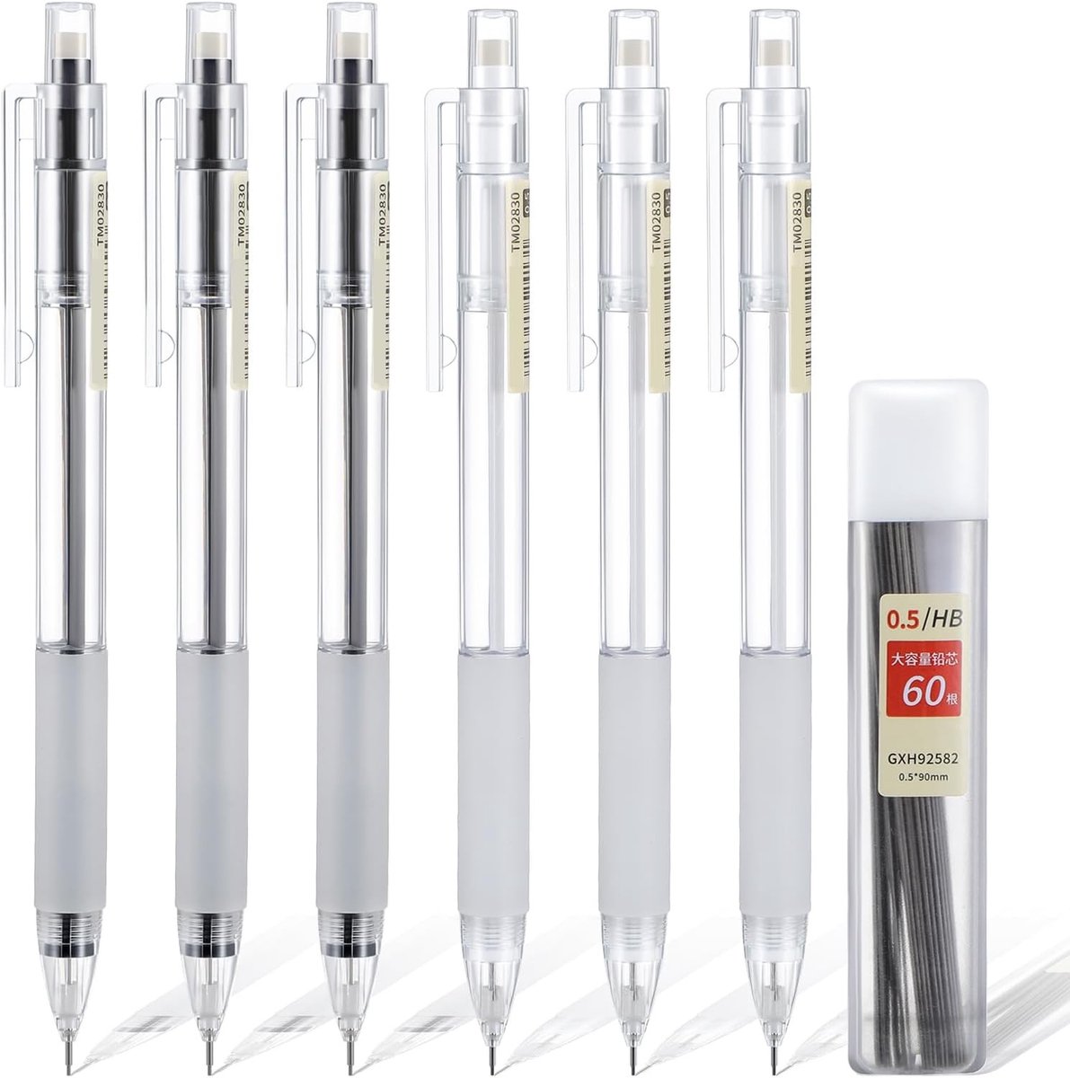 6 Stuks Mechanische Potlood Set met Transparante Body, 0.5mm Potloden en 60 Stuks Vulloodjes voor Schetsen, Schrijven en Tekenen