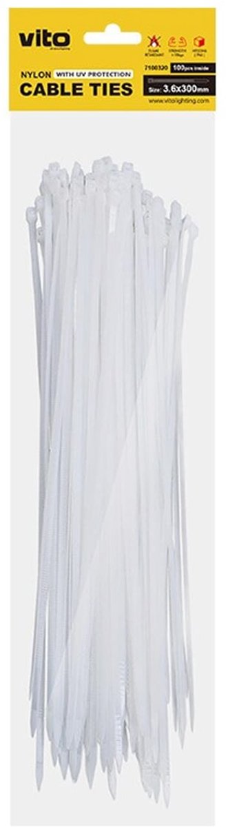 VITO Kabelbinder 3.6x300mm - Wit - 100 stuks - Kunststof Kabelklem voor bundelen en bevestigen van Kabels en draden