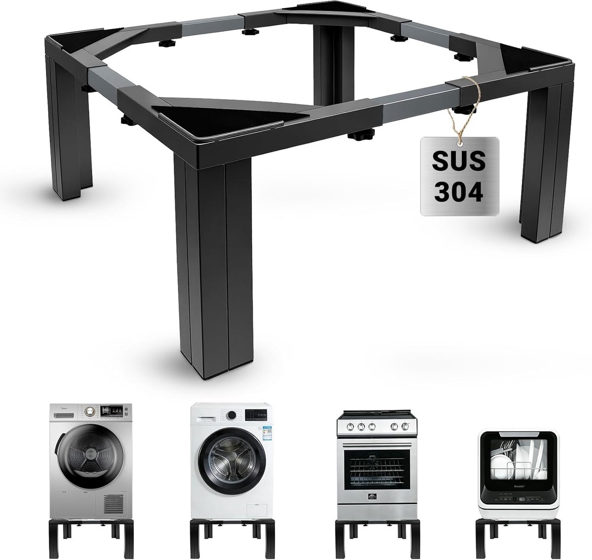 Wasmachineronderstel zwart, hoog en stabiel, verstelbaar platform voor wasmachine en droger (54-73 cm), stalen onderstel, 30 cm verhoging, 500 kg draagkracht