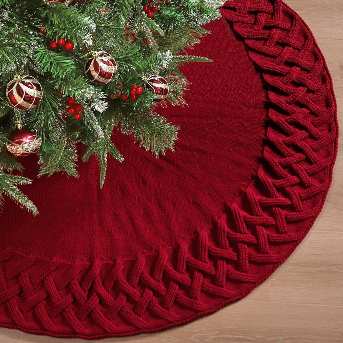 Grote kerstboomdeken, rok, 122 cm, rood, gebreide kerstboomdeken, dennenboom, tapijt, kerstboomstandaard, ronde kerstboomdeken, rok, mat, boomdeken, kerstboomversiering, kerstdecoratie