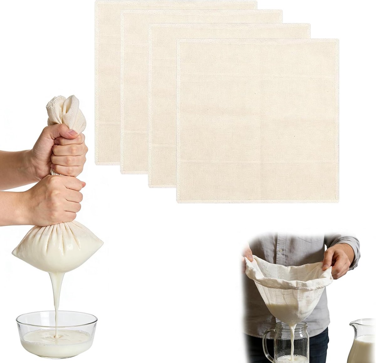 4 Stuks Herbruikbare Filterdoeken voor Keuken – Kaasdoek, Yoghurtdoek, Groentesapdoek – Ongebleekt Katoen, Ideaal voor Zelfgemaakte Kaas, Yoghurt, Sap & Meer (50x50 cm & 60x60 cm)
