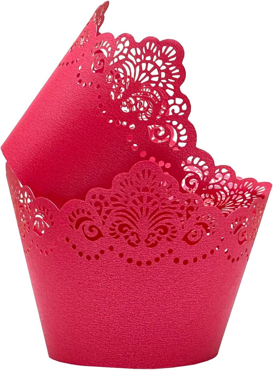 50 stuks cupcakewikkels uithollende kroon bakken taartpapier kant lasergesneden voering bakbeker wraps muffin voor bruiloftsfeest verjaardag decoratie (rood)