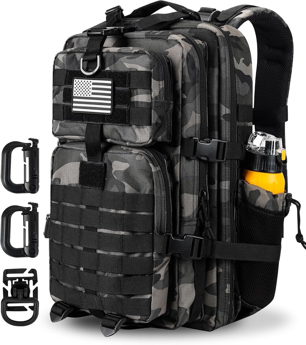Tactical 45L/28L MOLLE Aanvalsrugzak, Tactische Rugzak Militaire Leger Camping Rugzak met Fleshouder, Zwarte Camo, 45L