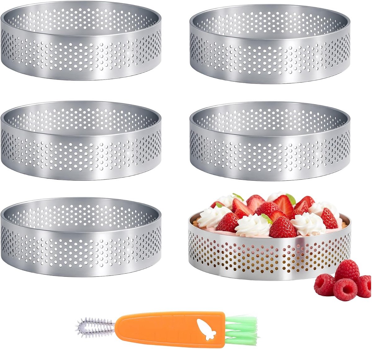 6 stuks Ø 8 cm tarteletvormpjes, 430 roestvrij staal tarteletvormpjes dessertringen 8cm, taartvorm bakring taartring dessertringen geperforeerde crumpetringen, bakringen voor minicakejes mini-pizza's