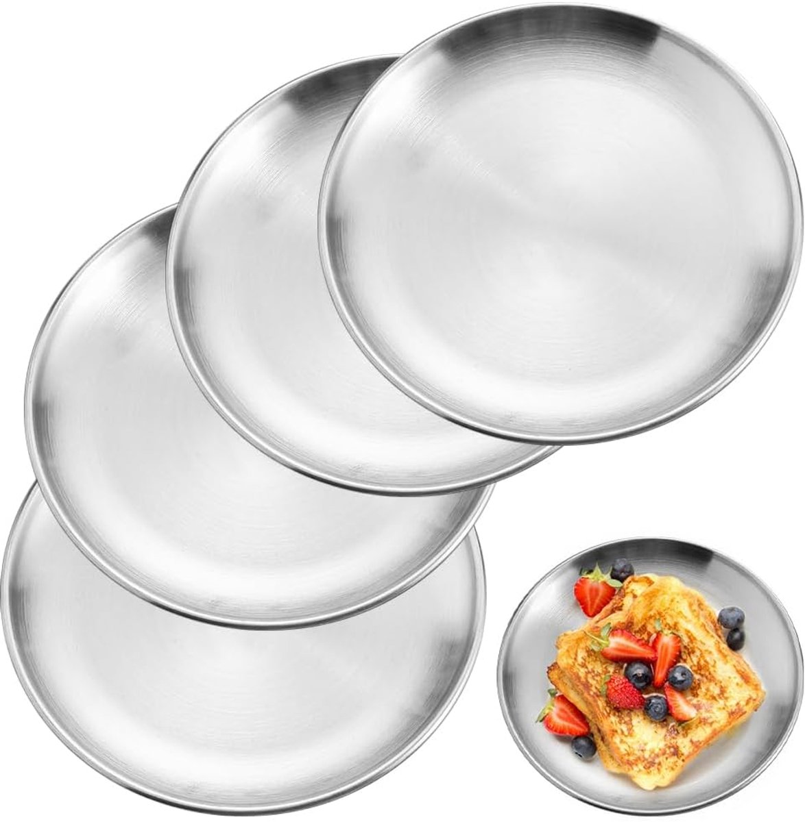Set van 4 roestvrijstalen borden, roestvrij stalen borden, 4 stuks roestvrijstalen rond servies, campingborden, 20 cm campingborden voor keuken, picknick, wandelen, grilltaartenfeest