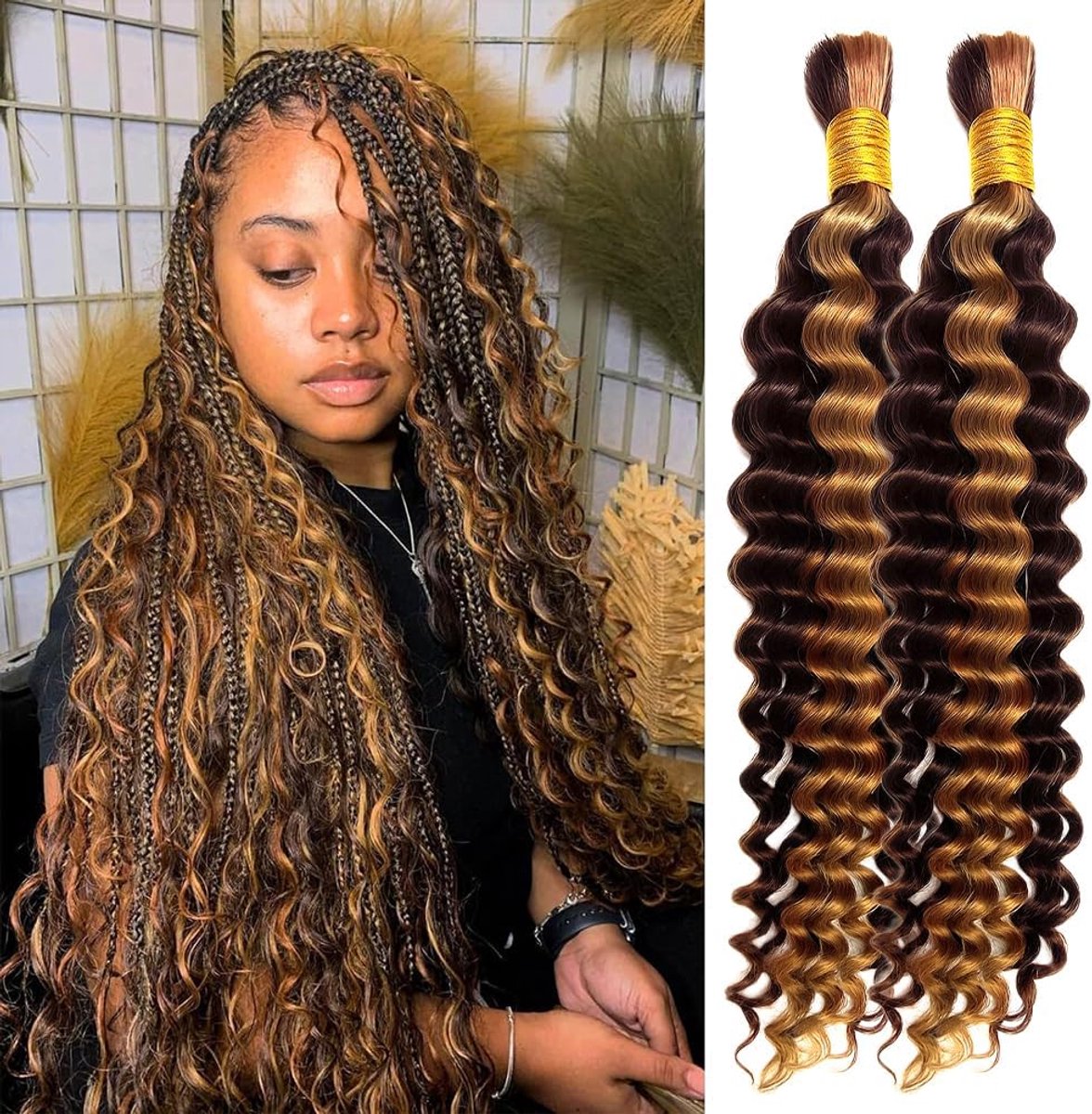 Braiding Hair Boho Braids Hair 100g (2 Bundles x 50g) Bundle Deep Wave Bulk Braiding No Weft 100% Unprocessed Brazilian Virgin Human Hair Extensions P4/27 Color (22 22 inch/100g)