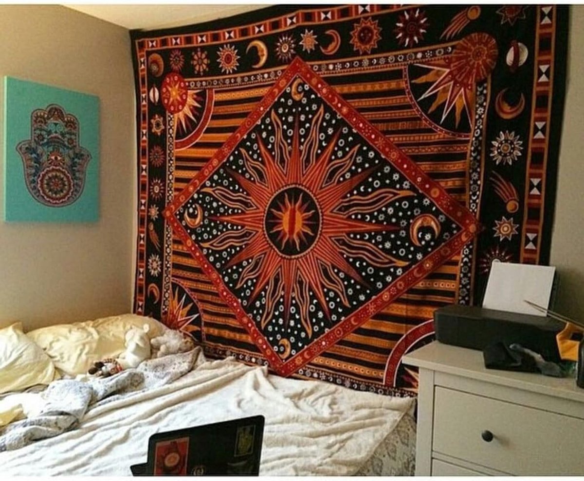 Handicrafts Wandtapijt muur opknoping brandende zon en maan hippie mandala bohemien hippie ingewikkeld Indiaas tapijt 215 cm x 230 cm, goudkleurig
