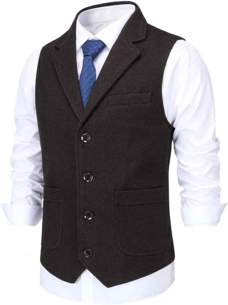 Herenvest, revers, tweed, wol, kostuumvest, formele regular fit, herenvest, retro, business, bruiloft