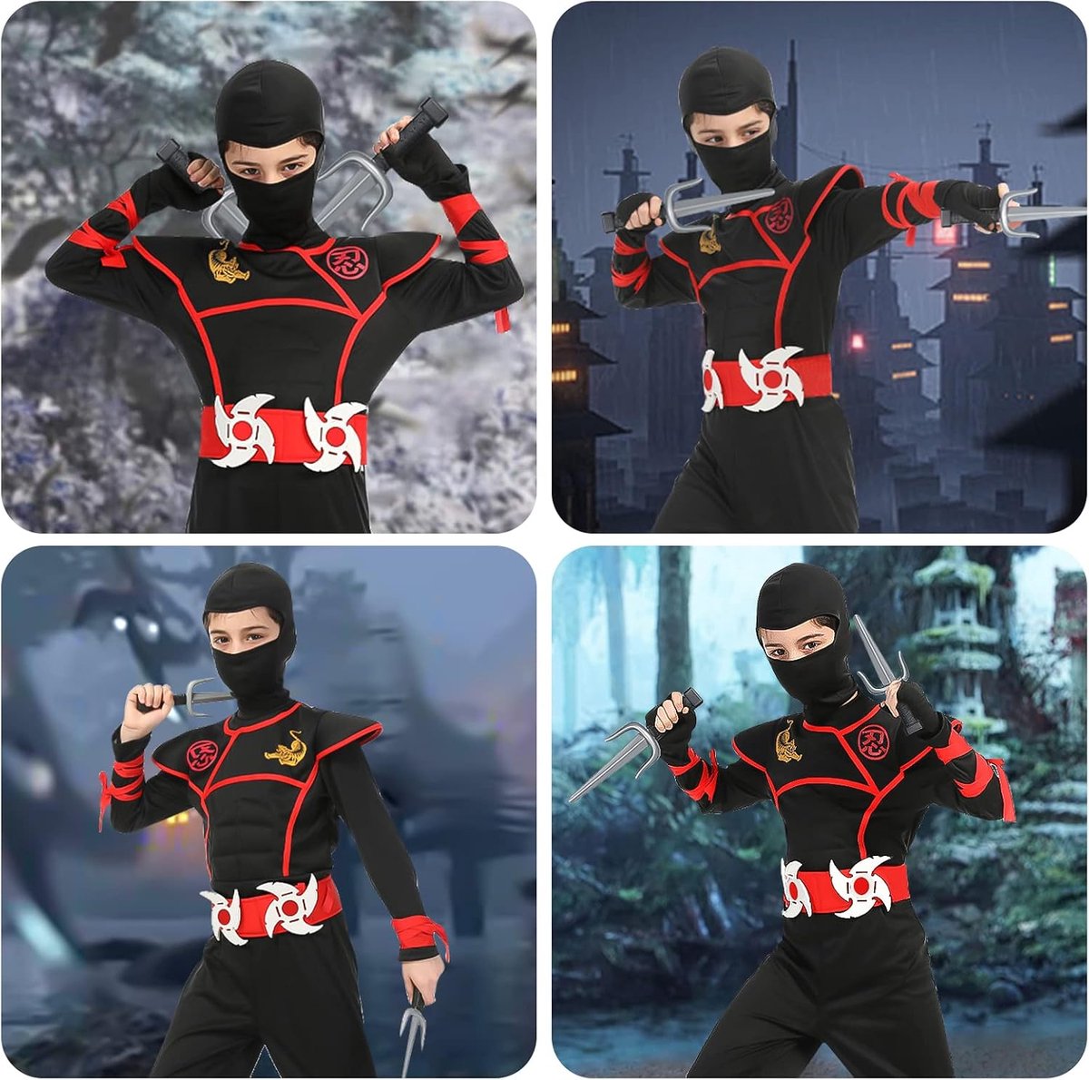 Halloween verkleedkostuum voor kinderen met ninja-accessoires, krijgerspier kostuum voor jongens en meisjes, luxe rollenspel outfit voor Halloween cosplay themafeest (S)