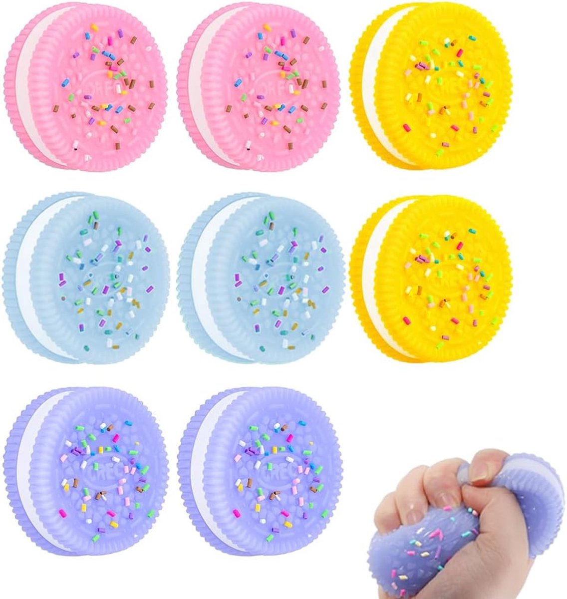 8 stuks knijpspeelgoed, squishy speelgoed, koekjes stressverminderend speelgoed, ultrazacht decompressiespeelgoed in 2 geel + 2 blauw + 2 roze + 2 paars, 3,8 cm lengte 1 cm hoogte