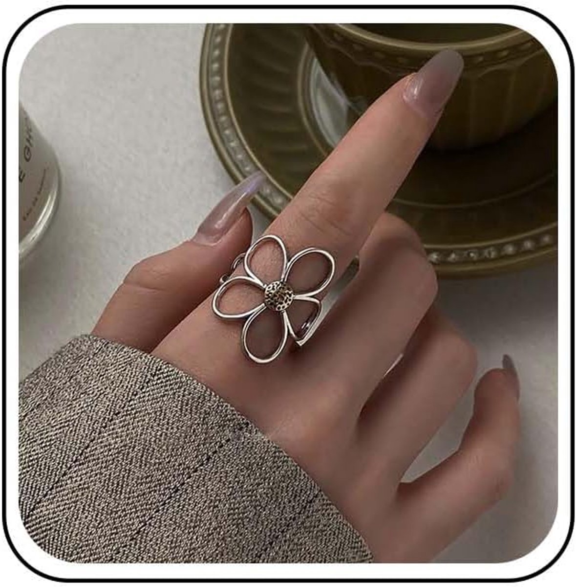 Ringen, zilver, instelbaar, open ring, grote bloem, holle ring, instelbaar, enkel, vingerringen, sieraden voor vrouwen