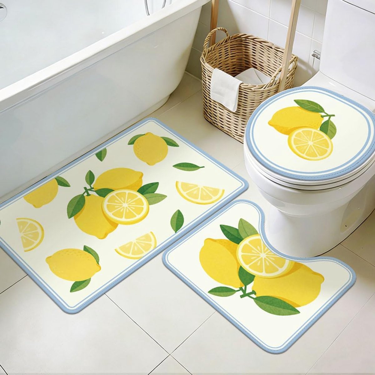 Badkamertapijten set 3 stuks - citroen design - wasbaar - zachte antislip voor badkamer - ShopVlot