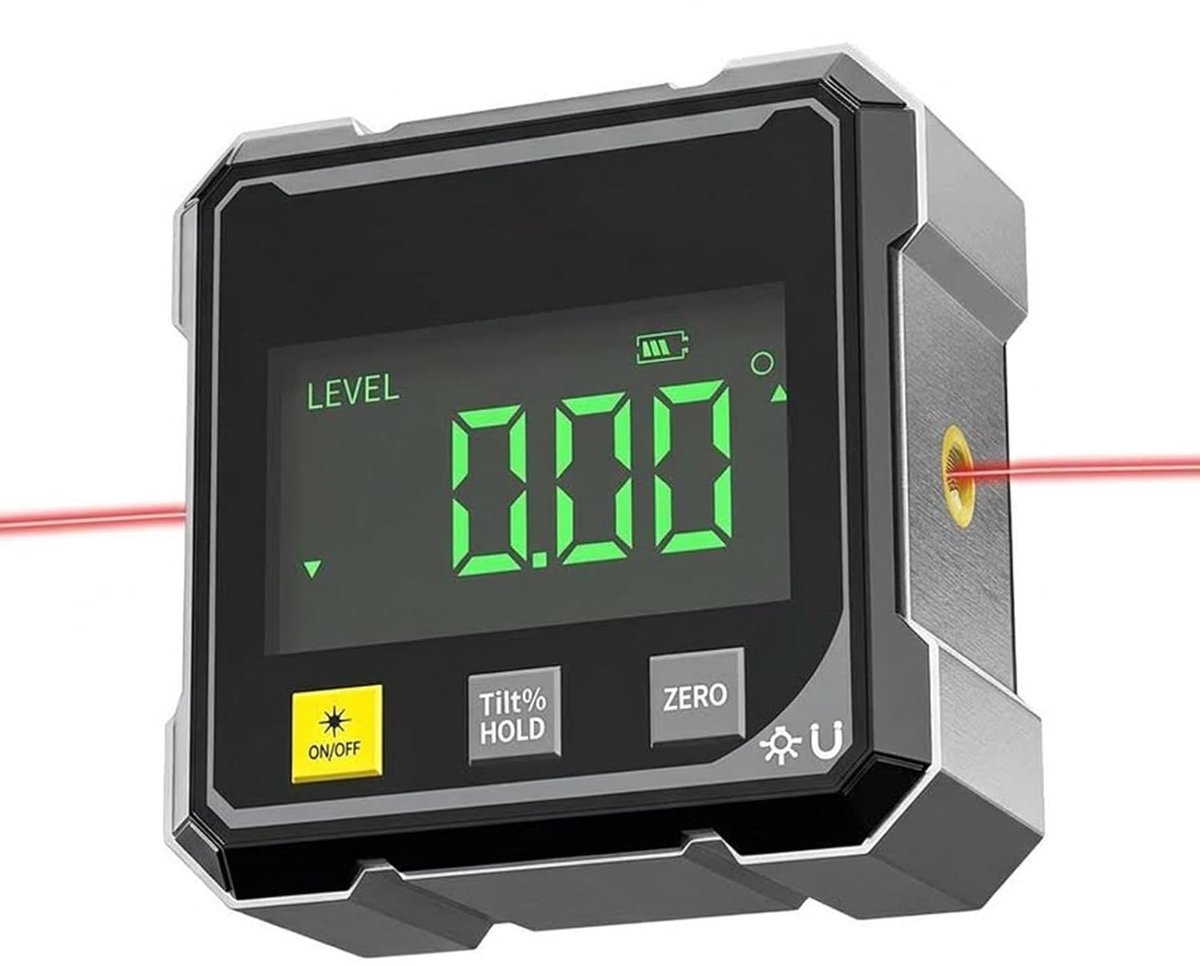hoekmeter, 4-zijdige magnetische digitale hoekmeter hellingsmeter met laser, digitale waterpas met LED-display, waterpas hoekmeter voor werkzaamheden, bouw, houtbewerking, DIY